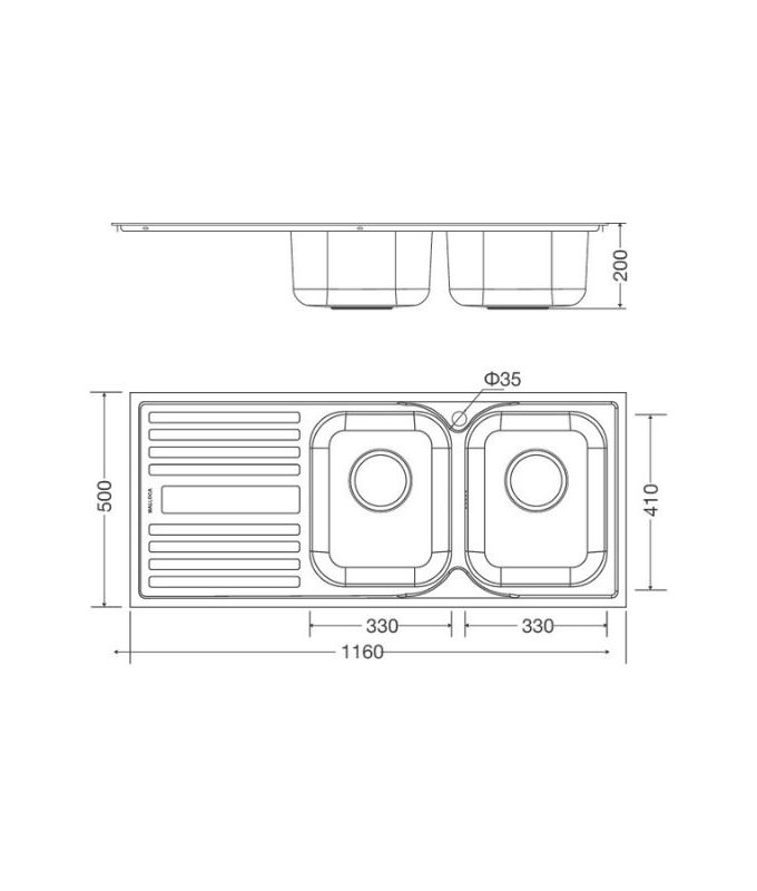 Kích thước chậu rửa bát bán thủ công Malloca MS - 1025L NEW