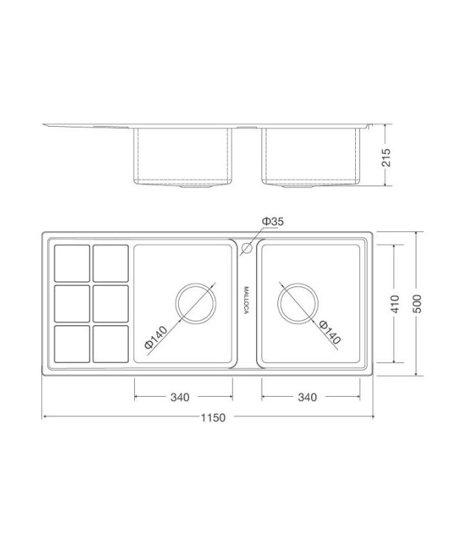 Kích thước chậu rửa bát bán thủ công Malloca MS 8815L